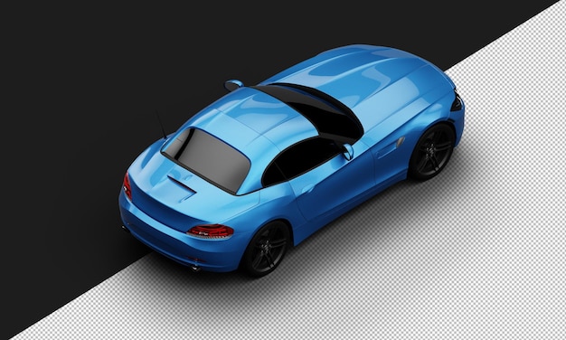 Isolato realistico blu metallizzato lucido elegante super sport city car dalla vista posteriore in alto a destra