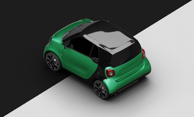 Isolato realistico lucido verde metallizzato sport moderno mini city car dalla vista posteriore in alto a sinistra