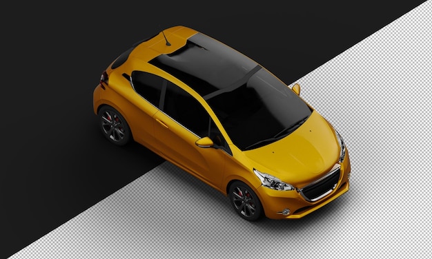 Isolated realistic shiny metalic orange modern small city car from top right front view