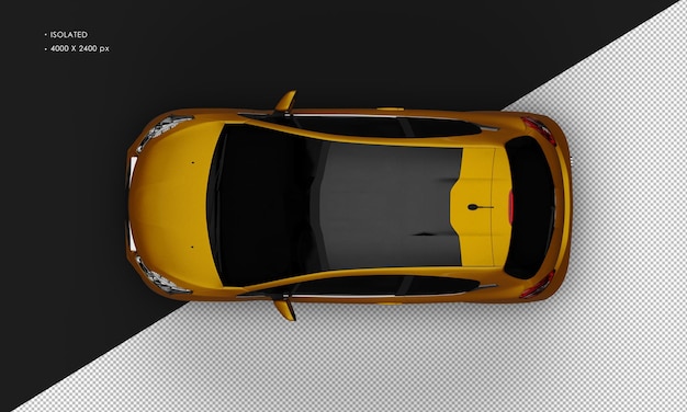 PSD Изолированный реалистичный блестящий металлический оранжевый современный маленький городской автомобиль с вида сверху