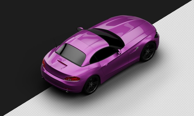 Isolated realistic shiny metalic purple elegant super sport city car from top right rear view