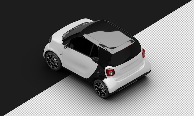 Isolated realistic shiny metalic white modern sport mini city car from top left rear view