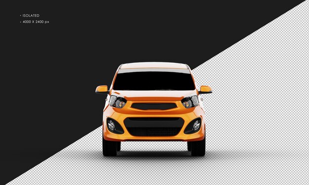 Isolated realistic shiny metallic orange small mini city car from front view