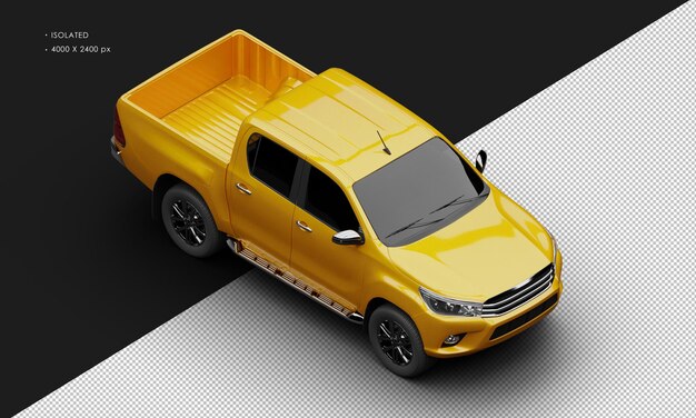 Isolated realistic shiny orange modern double cabin pickup truck from top right front view