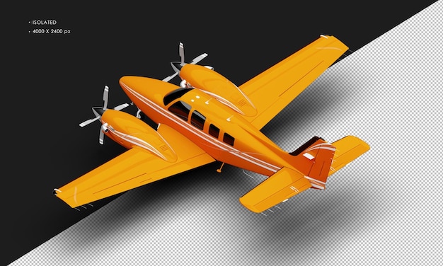 Isolated realistic shiny orange twin propeller dual engine airplane from top left rear view