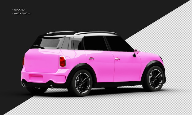 PSD isolated realistic shiny pink mini city car from right rear view