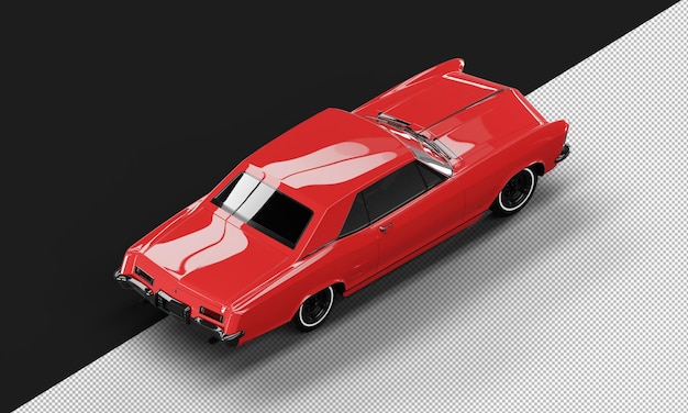 PSD isolated realistic shiny red classic elegant sedan car from top right rear view
