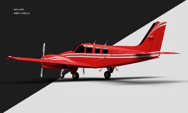 Isolated realistic shiny red twin propeller dual engine airplane from left rear view
