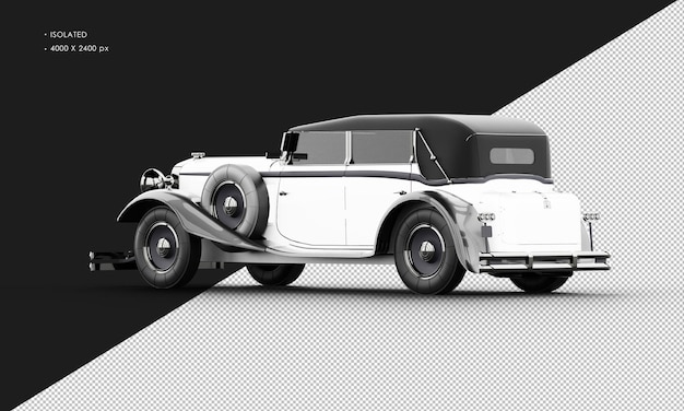 Isolated realistic shiny white elegant classic city sedan car from left rear view