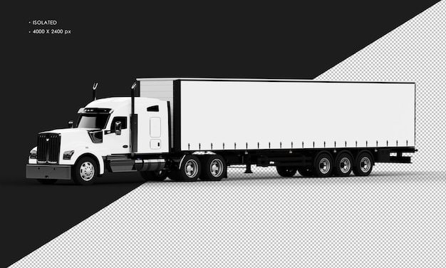 Изолированный реалистичный блестящий белый длинный грузовик с прицепом слева спереди