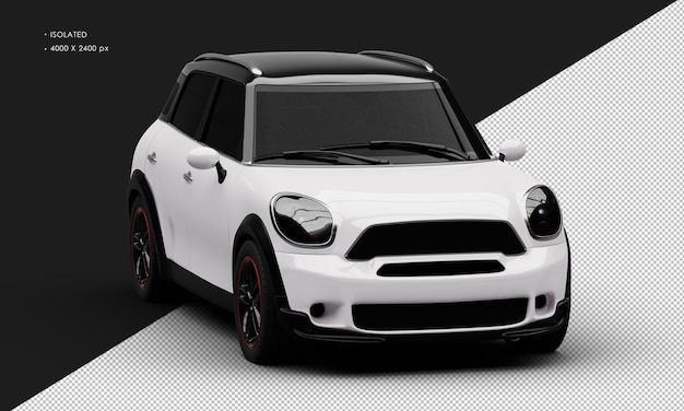 Isolated realistic shiny white mini city car from right front angle view