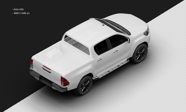 PSD isolated realistic shiny white modern double cabin pickup truck from top right rear view