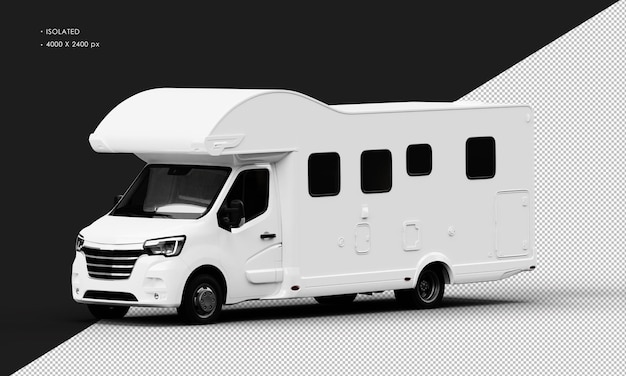 PSD isolated realistic shiny white travel camper van car from left front view