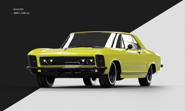 Isolated realistic shiny yellow classic elegant sedan car from left front angle view