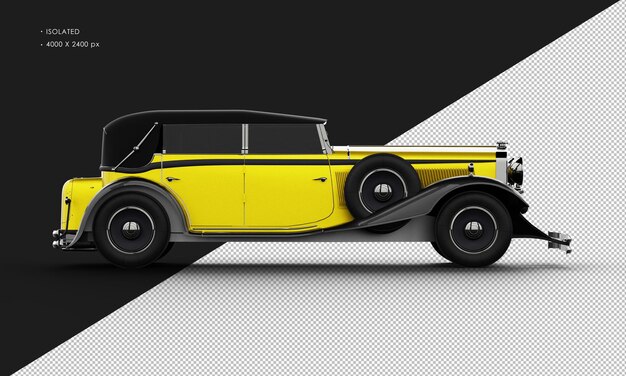 PSD isolated realistic shiny yellow elegant classic city sedan car from right side view