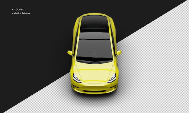 Isolated realistic shiny yellow modern electric city sedan car from top front view