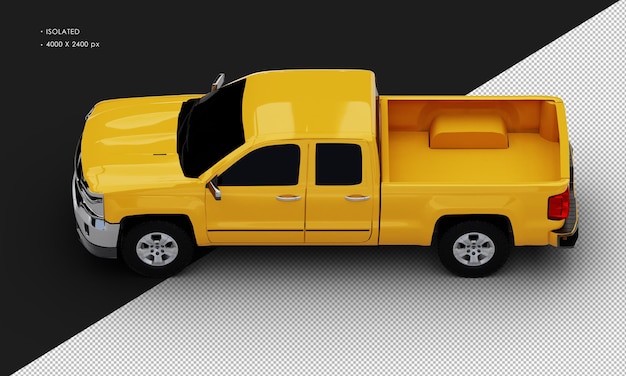 PSD isolated realistic yellow double cabin pickup truck from top left view