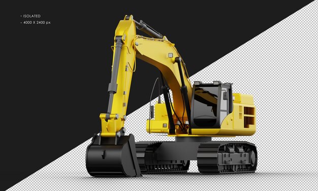 PSD isolated realistic yellow titanium metal matte excavator machine from left front angle view