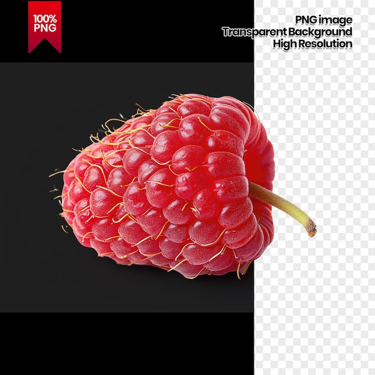 PSD isolated ripe red raspberry with green stem on transparent background