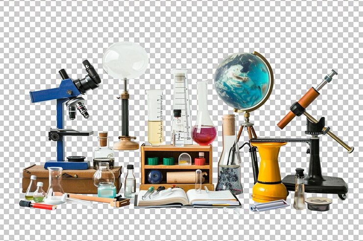 PSD isolated school science equipment on transparent background