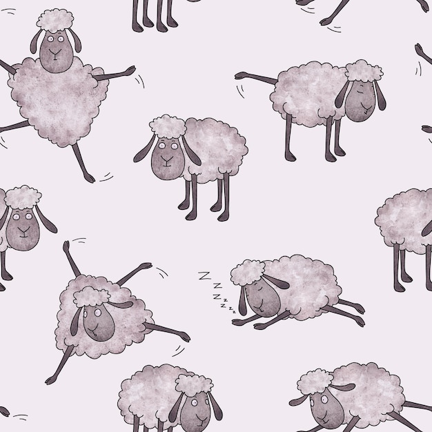 isolated seamless paper pattern of drawn in watercolor sheep doing different things