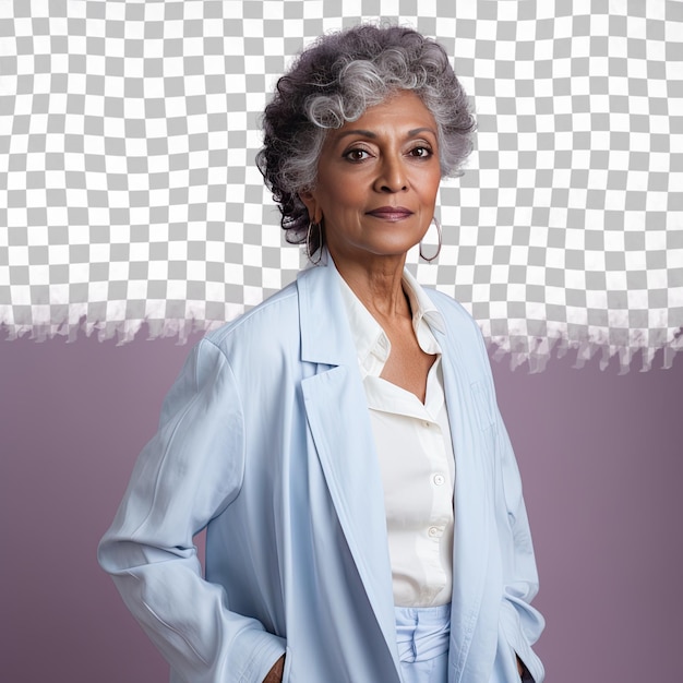 PSD a isolated senior woman with kinky hair from the south asian ethnicity dressed in psychologist attire poses in a leaning against a wall style against a pastel periwinkle background