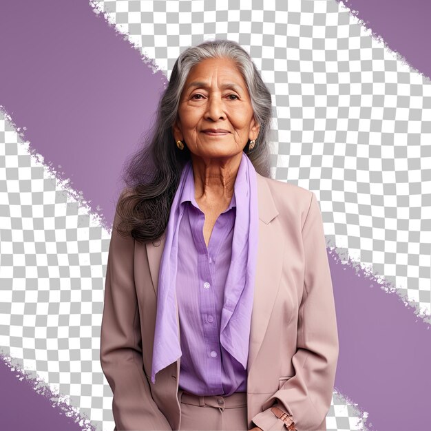 PSD a isolated senior woman with long hair from the south asian ethnicity dressed in school counselor attire poses in a one shoulder forward style against a pastel lilac background