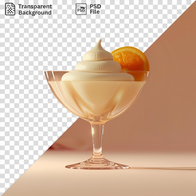 PSD isolated silky vanilla bean panna cotta topped with whipped cream and an orange on a clear glass base placed on a transparent background against a white wall