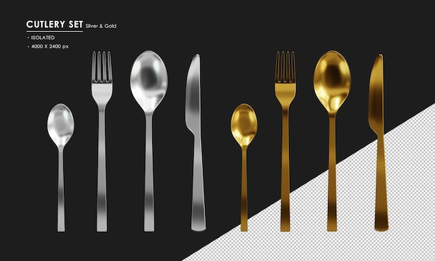 Isolated Silver and Gold Cutlery Set  Spoon Tea Spoon Fork and Knife