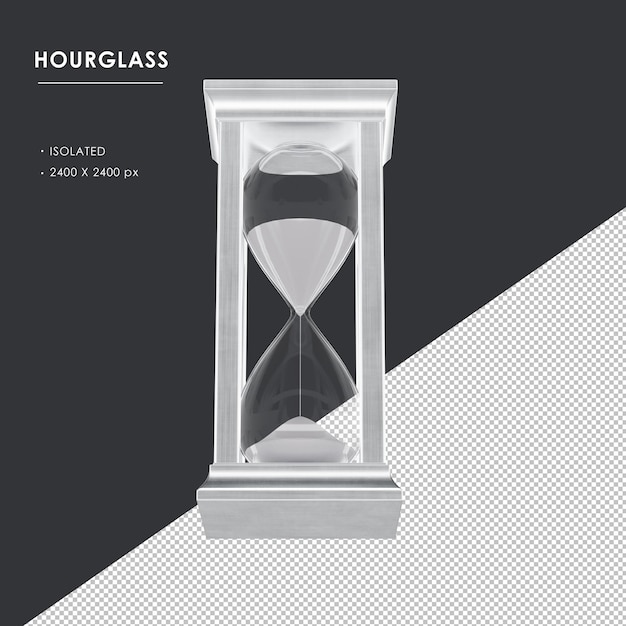 Isolated Silver Square Metal Hourglass Sand Clock from Bottom Front View