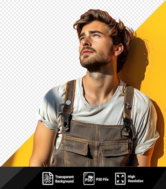 PSD isolated skilled young caucasian serviceman repairing the window of a building with a yellow wall in the background he wears a gray shirt and has brown hair a large nose and a blue eye png psd