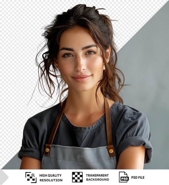 PSD isolated small business lady owner or barista with apron and brown hair wearing a gray shirt and brown strap with a prominent nose and brown eyes