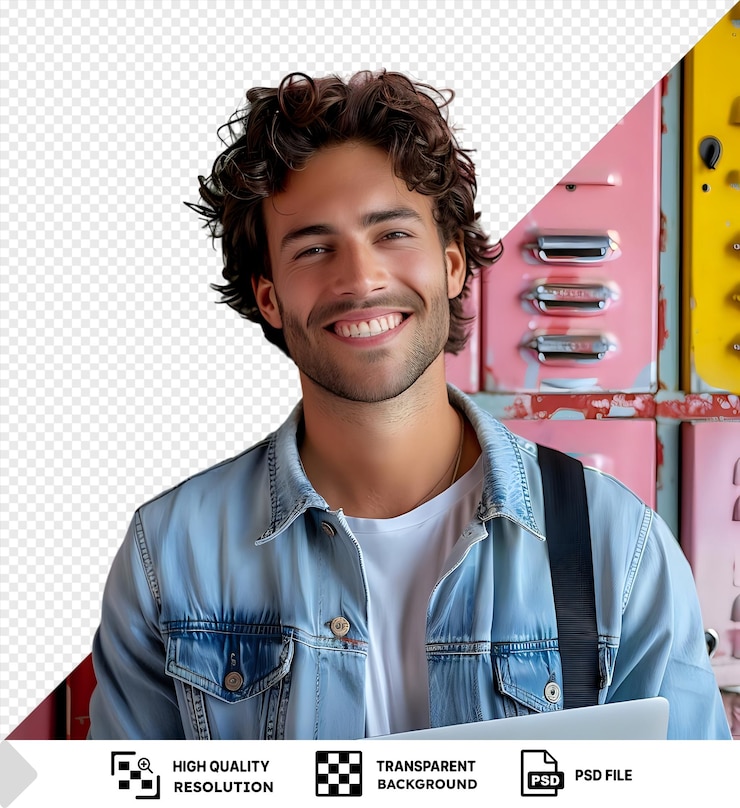 PSD isolated smiling cheerful attractive darkhaired young male employee with his laptop leaning against the section lockers png