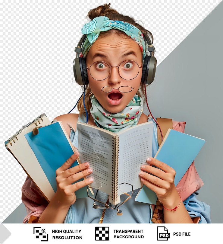 PSD isolated surprised young female student wearing glasses bandana and headphones around neck glasses