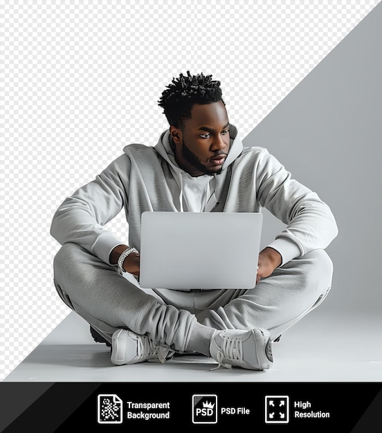 Isolated tired man with curly black hair and a black beard sits on the floor with a white laptop wearing a gray sweater and white shoe against a gray and white wall png psd