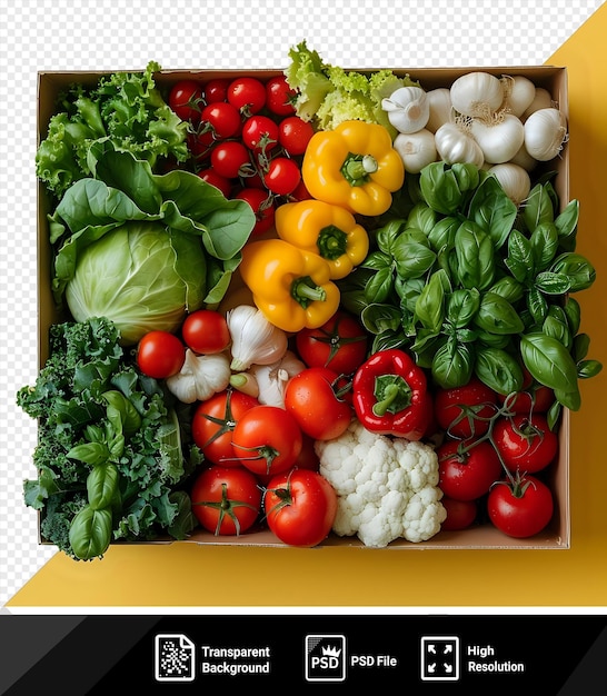 PSD isolated top view fresh vegetable box mockup featuring red and yellow peppers white cauliflower and green leaf