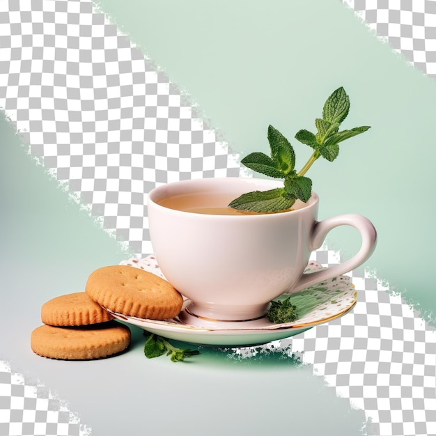 PSD isolated transparent background with white cup of tea and mint sprig along with cookies