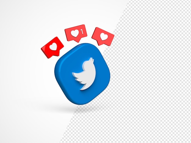 PSD isolated twitter logo camera icon with like notification mockup. 3d editorial illustration.