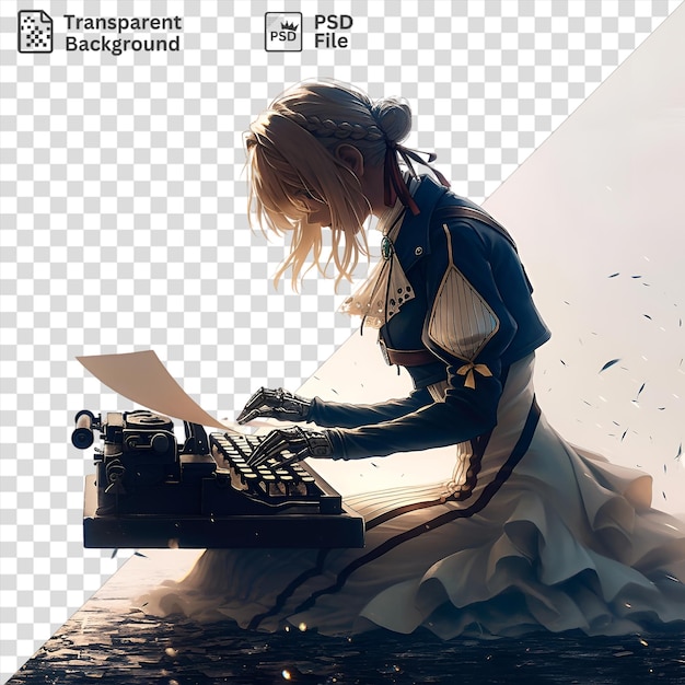 PSD isolated violet evergarden from violet evergarden with long hair and a white dress types on a typewriter while holding a white paper with a black hand visible in the fore