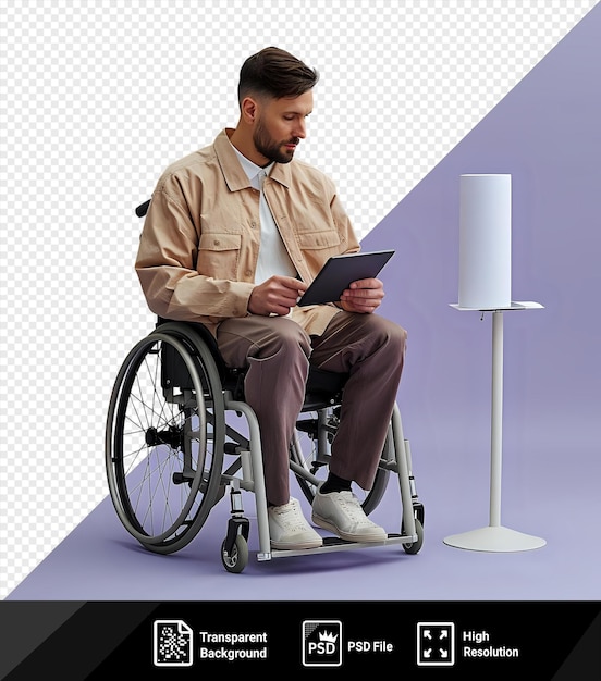 PSD isolated work moment a man in a black wheelchair sits in front of a purple wall using a black laptop while wearing a white shirt and brown pants a white lamp illuminates the scene png