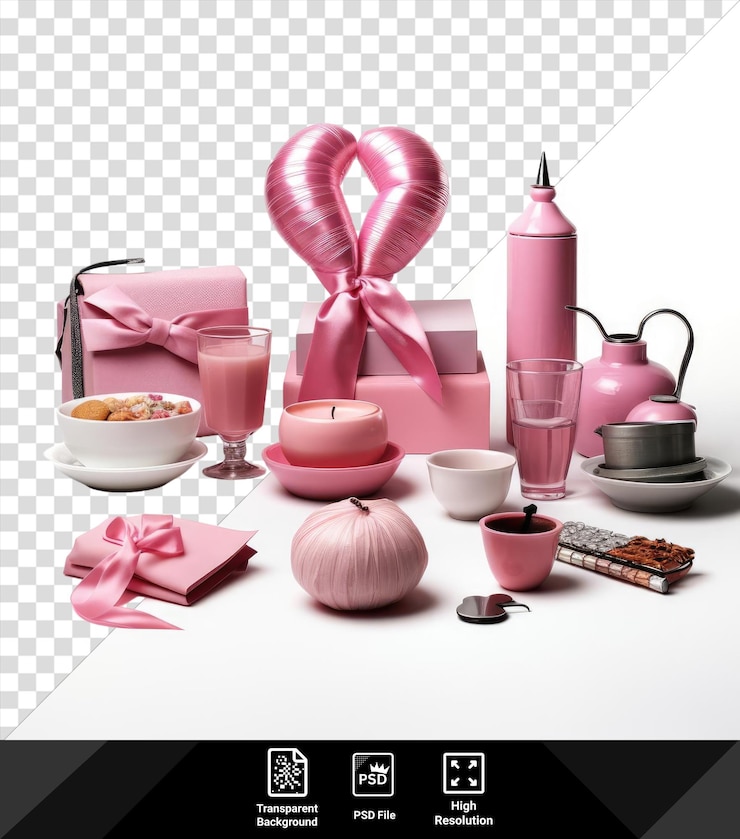 PSD isolated world cancer items set including a pink bottle pink bow white bowl pink cup and clear glass are arranged on a transparent background alongside a pink bottle and a
