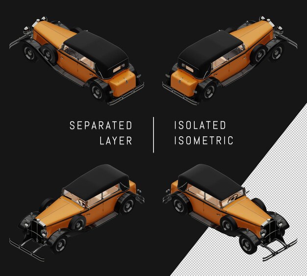 PSD 고립 된 노란색 오래 된 클래식 자동차 아이소메트릭 자동차 세트