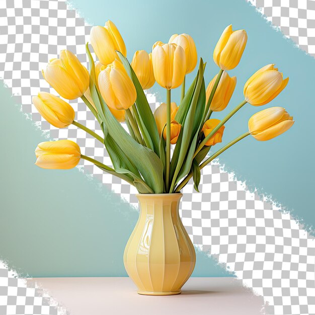 Isolated yellow tulips in a glass vase on a transparent background