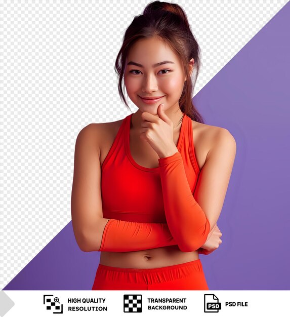 PSD isolated young beautiful asian sporty woman wearing sportswear doing sport over red with hand on chin thinking about question pensive expression smiling with thoughtful face doubt cosmetology png