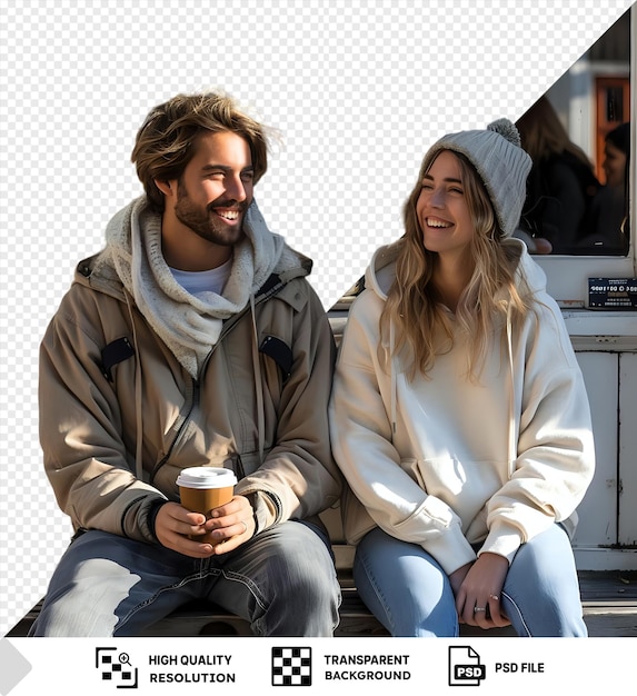 PSD Изолированная молодая пара, выпивающая кофе снаружи и чувствующая себя счастливой с мужчиной в шляпе и джинсах