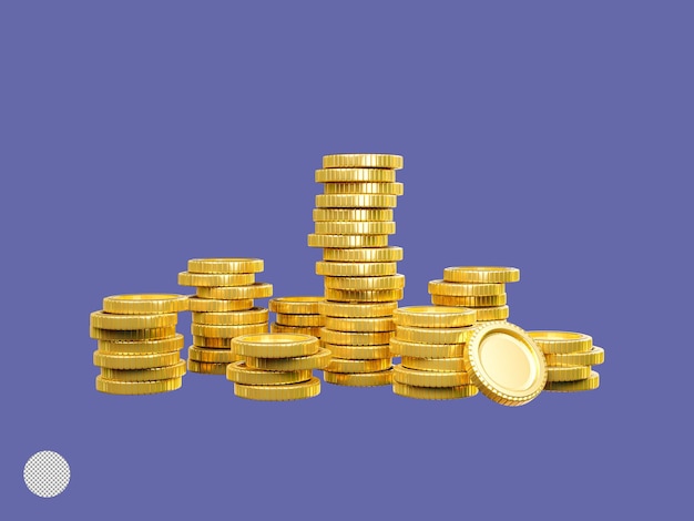 PSD isolation of increasing golden coin stacking and dropping for growth saving and business investment concept by 3d render illustration