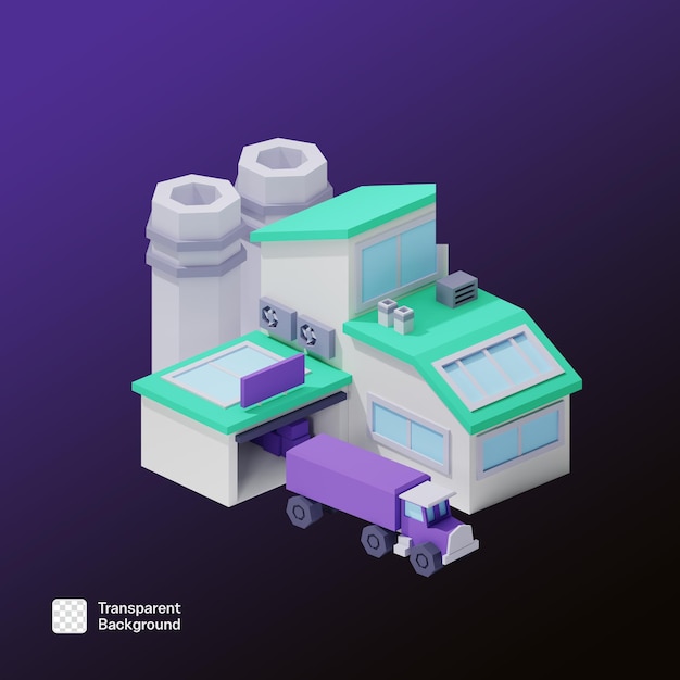 Isometric 3D Cartoon Factory and Truck Illustration