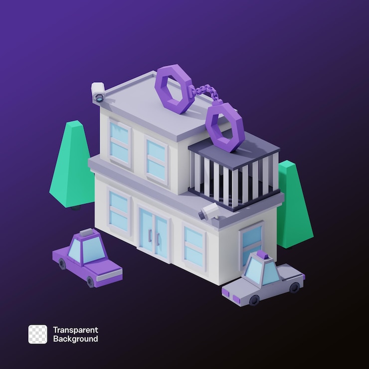 PSD изометрический 3d полицейский участок и полицейские машины