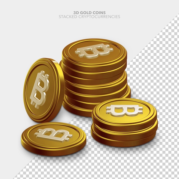 Isometric 3d render gold silver many more stacked crypto currency bitcoins no background isolated