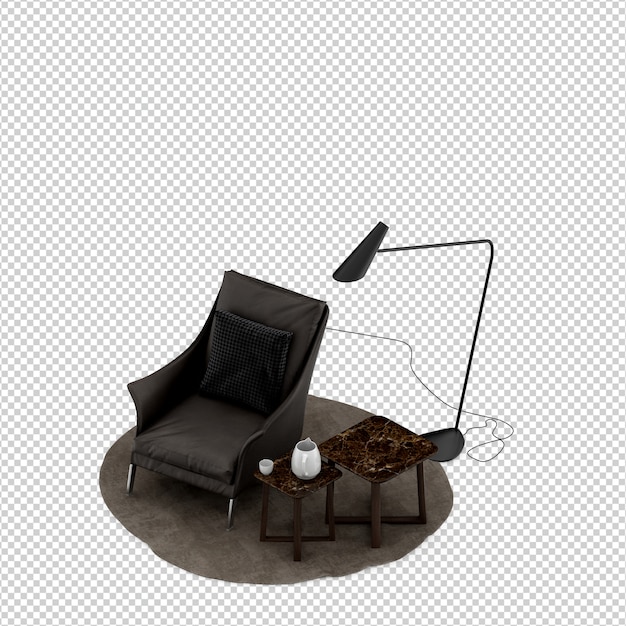 Isometric armchair 3d render with table and floor lamp isolated